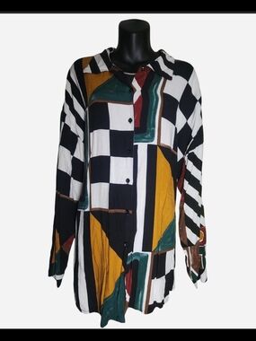 Abstract Checkerboard Button-Down Shirt in Black, White & Mustard